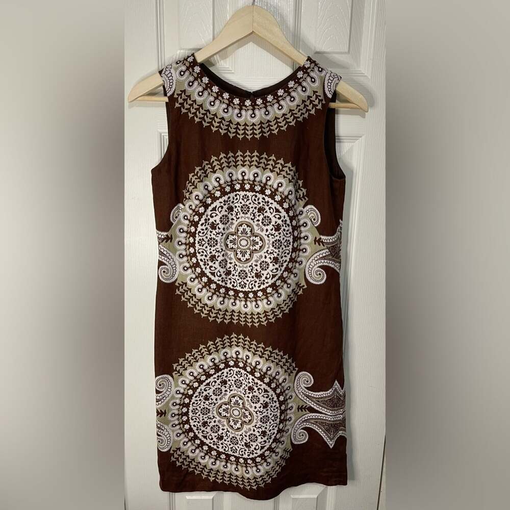 Brown Artsy Y2K Cottage Linen Sleeveless Vintage Printed Dress size 2